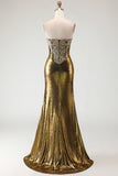 Metallic Bronze Mermaid Strapless Beaded Long Prom Dress with Slit