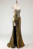 Metallic Bronze Mermaid Strapless Beaded Long Prom Dress with Slit