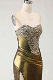 Metallic Bronze Mermaid Strapless Beaded Long Prom Dress with Slit
