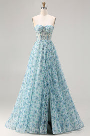 Strapless Blue Floral A-Line Beaded Convertible Long Prom Dress with Slit