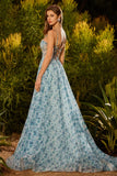 Strapless Blue Floral A-Line Beaded Convertible Long Prom Dress with Slit