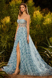 Blue Floral A-Line Beaded Convertible Lace Up Back Long Prom Dress with Slit