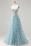 Strapless Blue Floral A-Line Beaded Convertible Long Prom Dress with Slit