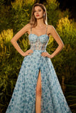 Blue Floral A-Line Beaded Convertible Lace Up Back Long Prom Dress with Slit