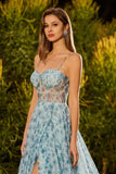 Blue Floral A-Line Beaded Convertible Lace Up Back Long Prom Dress with Slit