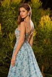 Blue Floral A-Line Beaded Convertible Lace Up Back Long Prom Dress with Slit