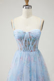 Blue Floral Corset A Line Spaghetti Straps Long Prom Dress with Slit