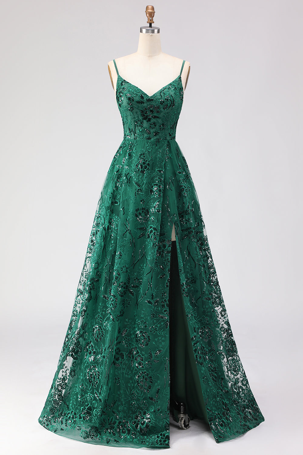 Zapaka Women Dark Green Long Prom Dress with Slit A Line Sequins Spaghetti Straps Embroidered Formal Dress with Lace Up Back, Dark Green / US16 Zapaka Women Dark Green Long Prom Dress with Slit A Line Sequins Spaghetti Straps Embroidered Formal Dress with Lace Up Back, Dark Green / US16
