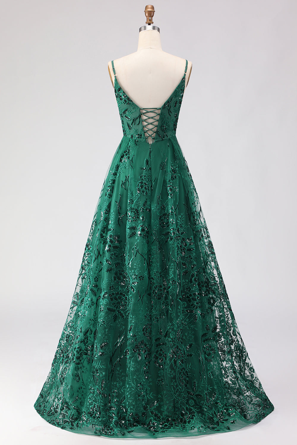 Dark Green A Line Sequins Embroidered Lace Up Back Long Prom Dress with Slit Dark Green A Line Sequins Embroidered Lace Up Back Long Prom Dress with Slit