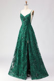 Dark Green A Line Sequins Embroidered Lace Up Back Long Prom Dress with Slit