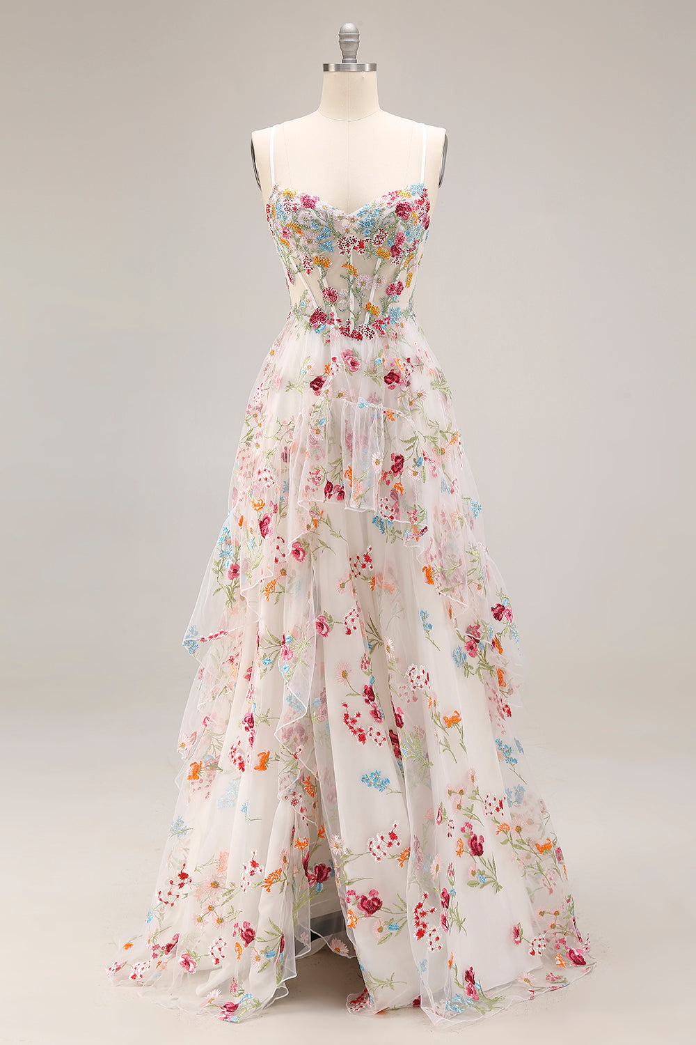 ZAPAKA Women Ivory Long Prom Dress with Ruffled Slit A Line Sheer Boned Corset Embroidered Floral Dress with Lace Up Open Back, Ivory Flower / US4 ZAPAKA Women Ivory Long Prom Dress with Ruffled Slit A Line Sheer Boned Corset Embroidered Floral Dress with Lace Up Open Back, Ivory Flower / US4
