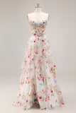 Ivory A Line Sheer Boned Corset Embroidered Long Floral Dress with Ruffled Slit