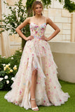 Ivory A Line Sheer Boned Corset Embroidered Long Floral Dress with Ruffled Slit