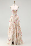 Ivory A Line Sheer Boned Corset Embroidered Long Floral Dress with Ruffled Slit