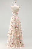 Ivory A Line Sheer Boned Corset Embroidered Long Floral Dress with Ruffled Slit