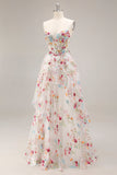 Ivory A Line Sheer Boned Corset Embroidered Long Floral Dress with Ruffled Slit