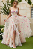 Ivory Flower A Line Corset Ruffled Long Prom Dress with Slit
