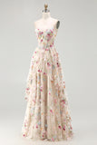 Ivory A Line Sheer Boned Corset Embroidered Long Floral Dress with Ruffled Slit