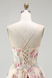 Ivory A Line Sheer Boned Corset Embroidered Long Floral Dress with Ruffled Slit