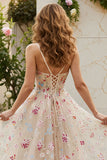 Ivory Flower A Line Corset Ruffled Long Prom Dress with Slit