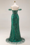 Dark Green Mermaid Off The Shoulder Corset Sequin Long Prom Dress with Beading