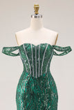 Dark Green Mermaid Off The Shoulder Corset Sequin Long Prom Dress with Beading