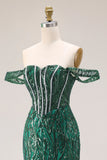 Dark Green Mermaid Off The Shoulder Corset Sequin Long Prom Dress with Beading