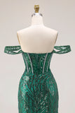 Dark Green Mermaid Off The Shoulder Corset Sequin Long Prom Dress with Beading