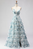 Blue A Line Spaghetti Straps Tiered Ruffle Print Floral Long Prom Dress with Slit