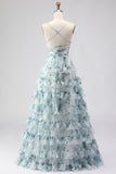 Blue A Line Spaghetti Straps Tiered Ruffle Print Floral Long Prom Dress with Slit