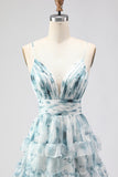 Blue A Line Spaghetti Straps Tiered Ruffle Print Floral Long Prom Dress with Slit