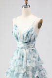 Blue A Line Spaghetti Straps Tiered Ruffle Print Floral Long Prom Dress with Slit