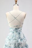 Blue A Line Spaghetti Straps Tiered Ruffle Print Floral Long Prom Dress with Slit
