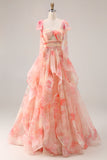 Sunset A-Line Cut Out Ruffled Printed Floral Long Prom Dress with Bow