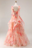 Sunset A-Line Cut Out Ruffled Printed Floral Long Prom Dress with Bow