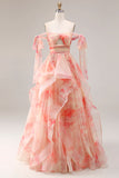 Sunset A-Line Cut Out Ruffled Printed Floral Long Prom Dress with Bow