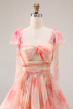 Sunset A-Line Cut Out Ruffled Printed Floral Long Prom Dress with Bow