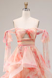 Sunset A-Line Cut Out Ruffled Printed Floral Long Prom Dress with Bow