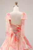 Sunset A-Line Cut Out Ruffled Printed Floral Long Prom Dress with Bow
