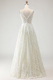 White Yellow Floral A Line V Neck Open Back Long Prom Dress with 3D Flowers