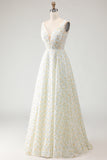White Yellow Floral A Line V Neck Open Back Long Prom Dress with 3D Flowers