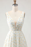 White Yellow Floral A Line V Neck Open Back Long Prom Dress with 3D Flowers