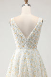 White Yellow Floral A Line V Neck Open Back Long Prom Dress with 3D Flowers