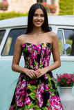 Strapless Black A Line Corset Print Floral Long Prom Dress