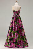 Strapless Black A Line Corset Print Floral Long Prom Dress