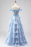 Light Blue A Line Off the Shoulder Appliqued Corset Tiered Ruffle Long Prom Dress