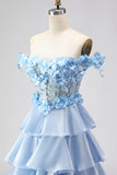 Light Blue A Line Off the Shoulder Appliqued Corset Tiered Ruffle Long Prom Dress