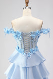 Light Blue A Line Off the Shoulder Appliqued Corset Tiered Ruffle Long Prom Dress