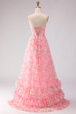Pink Strapless Floral A-Line Cut Out Bowed Long Prom Dress with Slit