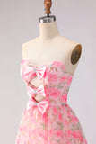 Pink Strapless Floral A-Line Cut Out Bowed Long Prom Dress with Slit